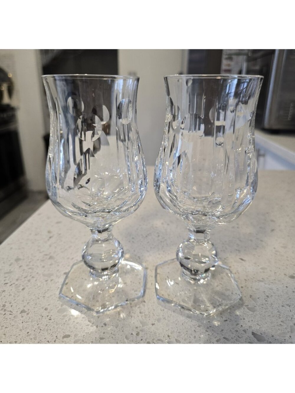 Vintage Mozart Heavy Cut Crystal Cordial Hexagonal Base Faceted Goblets 2 pc Set
